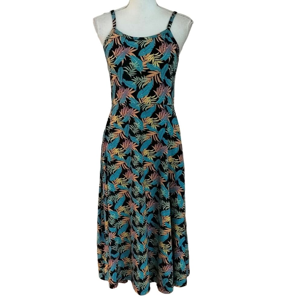 Pact Black Midi Dress with Teal, Pink & Yellow Leaf Print